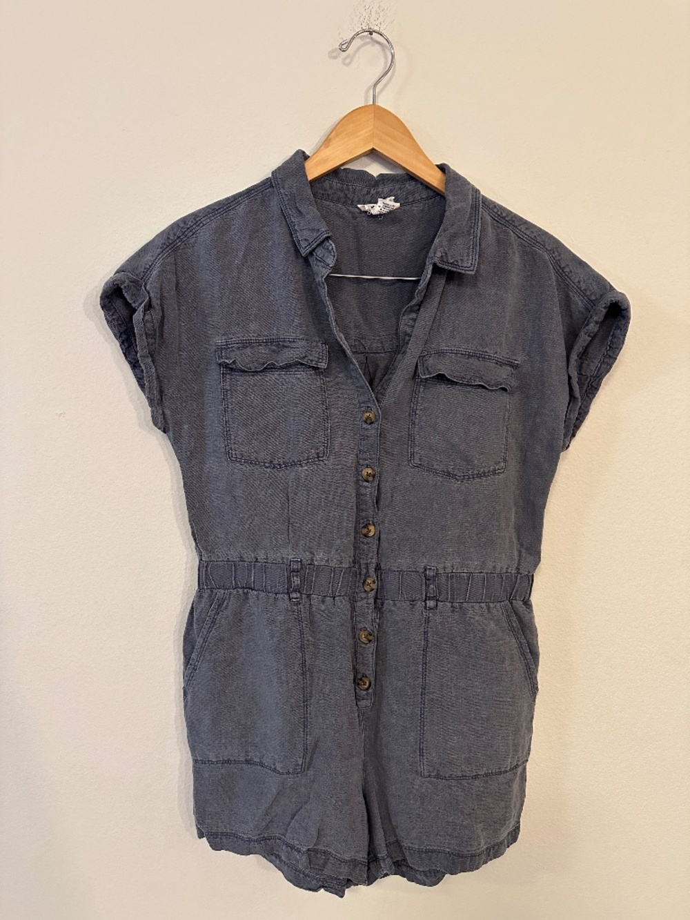 Nicole Miller NY Gray Linen Blend Utility Romper Button Front Womens M No Belt